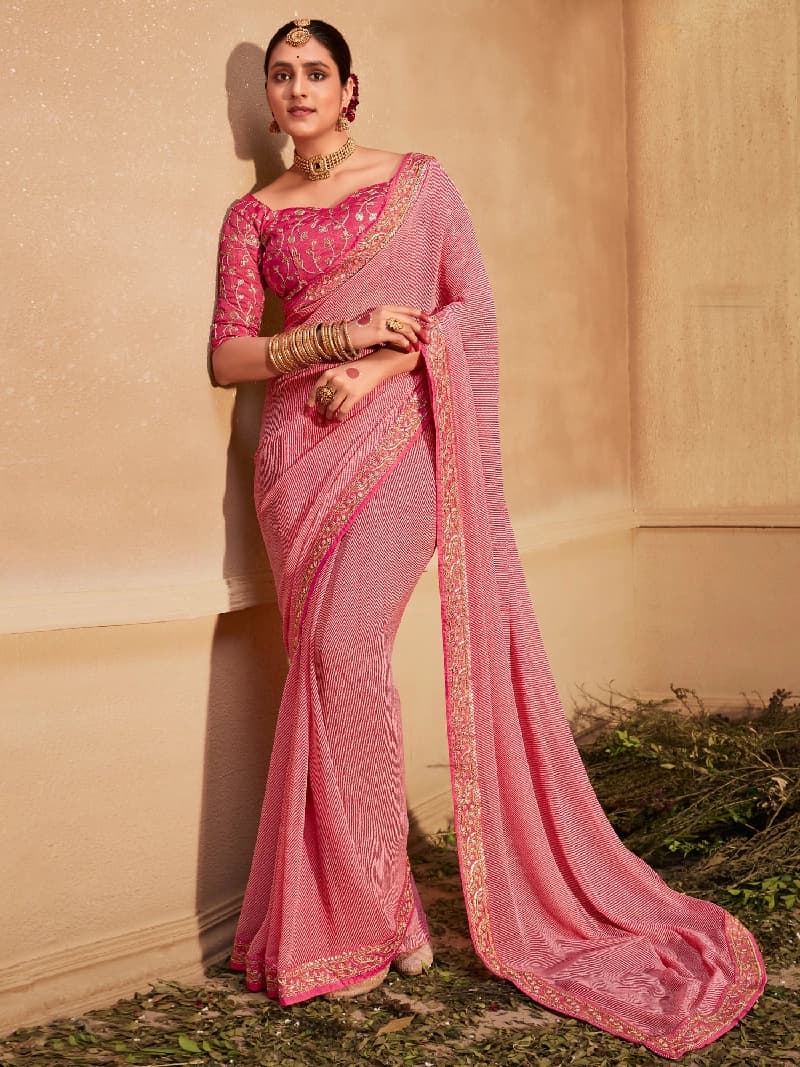 Women's Pink Party Printed Regular Fit Saree
