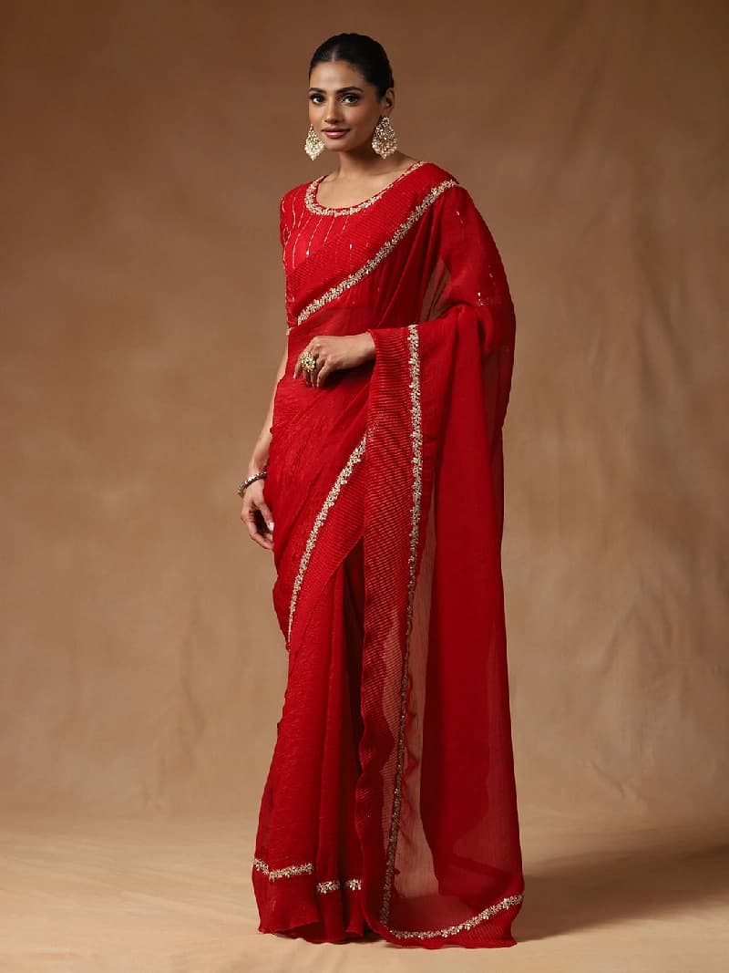 Women's Red Party Regular Fit Saree