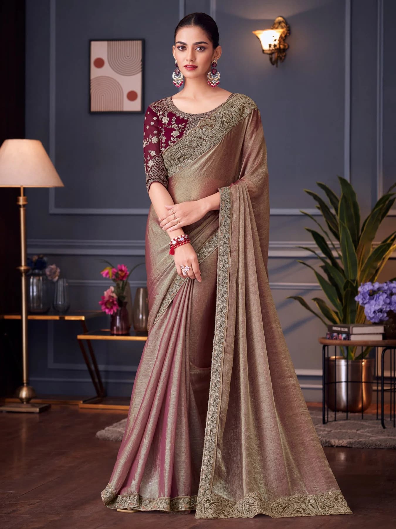 Women's Red Party Regular Fit Saree