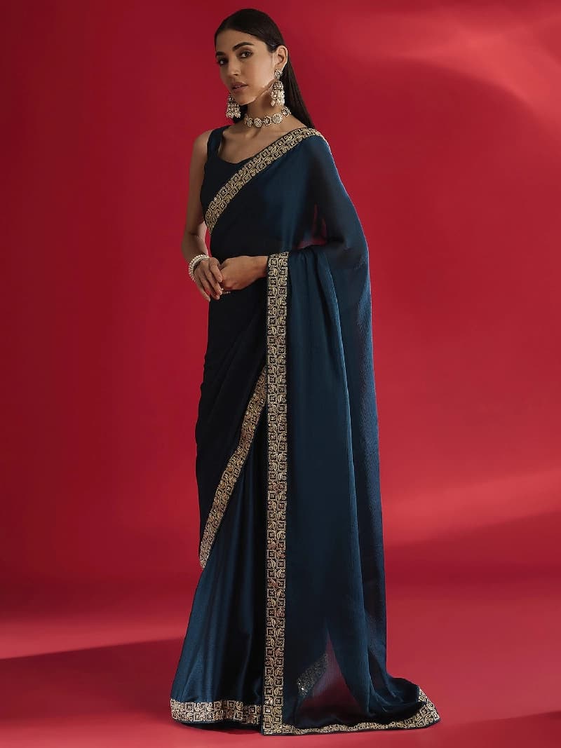 Women's Blue Party Regular Fit Saree