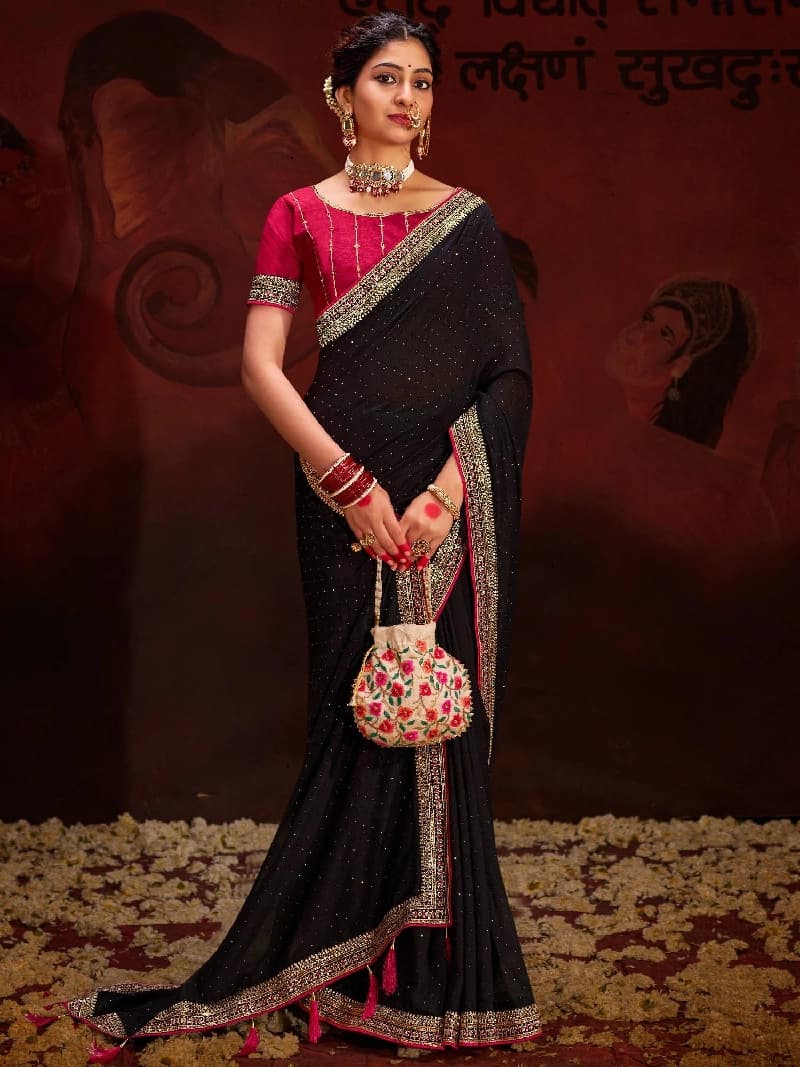 Women's Black Party Regular Fit Saree