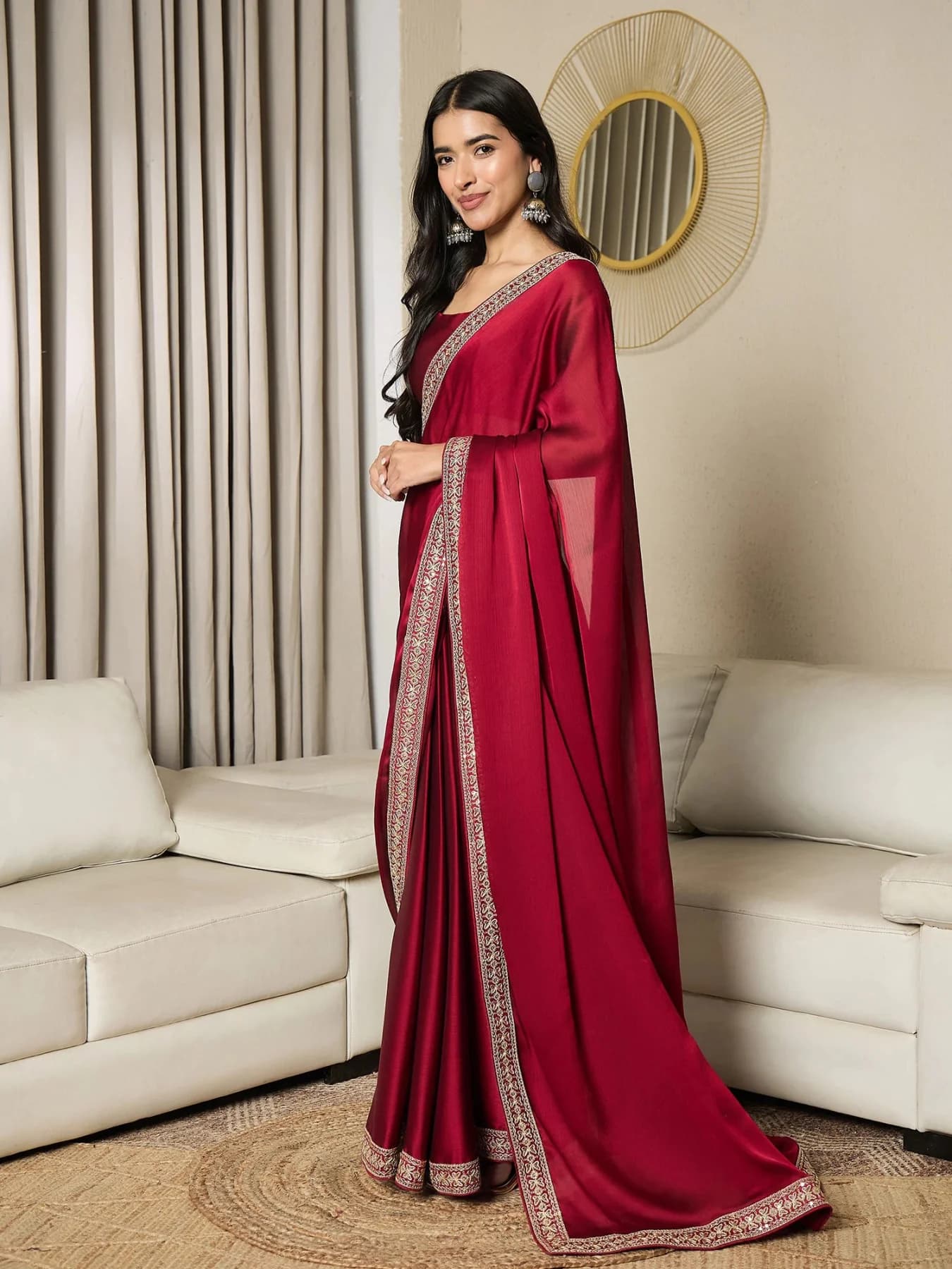 Women's Red Party Regular Fit Ready to Wear Saree