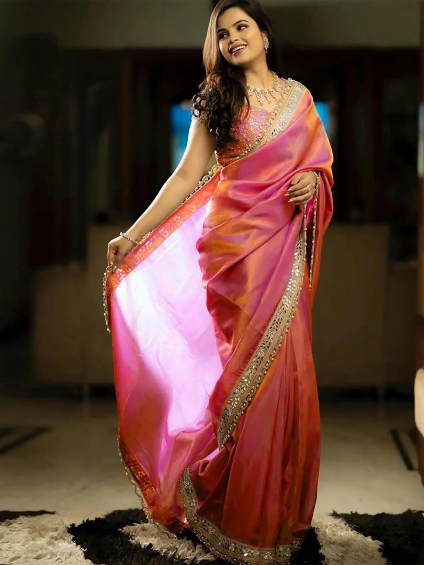 Women's Pink Party Regular Fit Saree