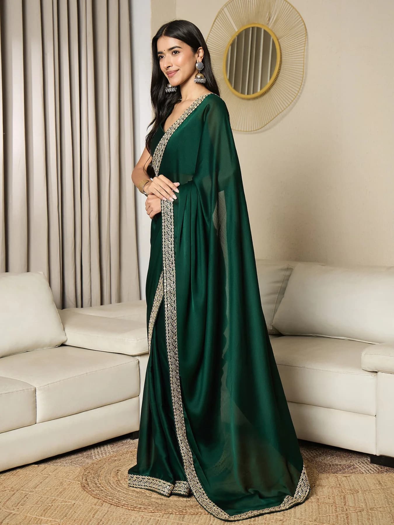 Women's Green Party Regular Fit Ready to Wear Saree
