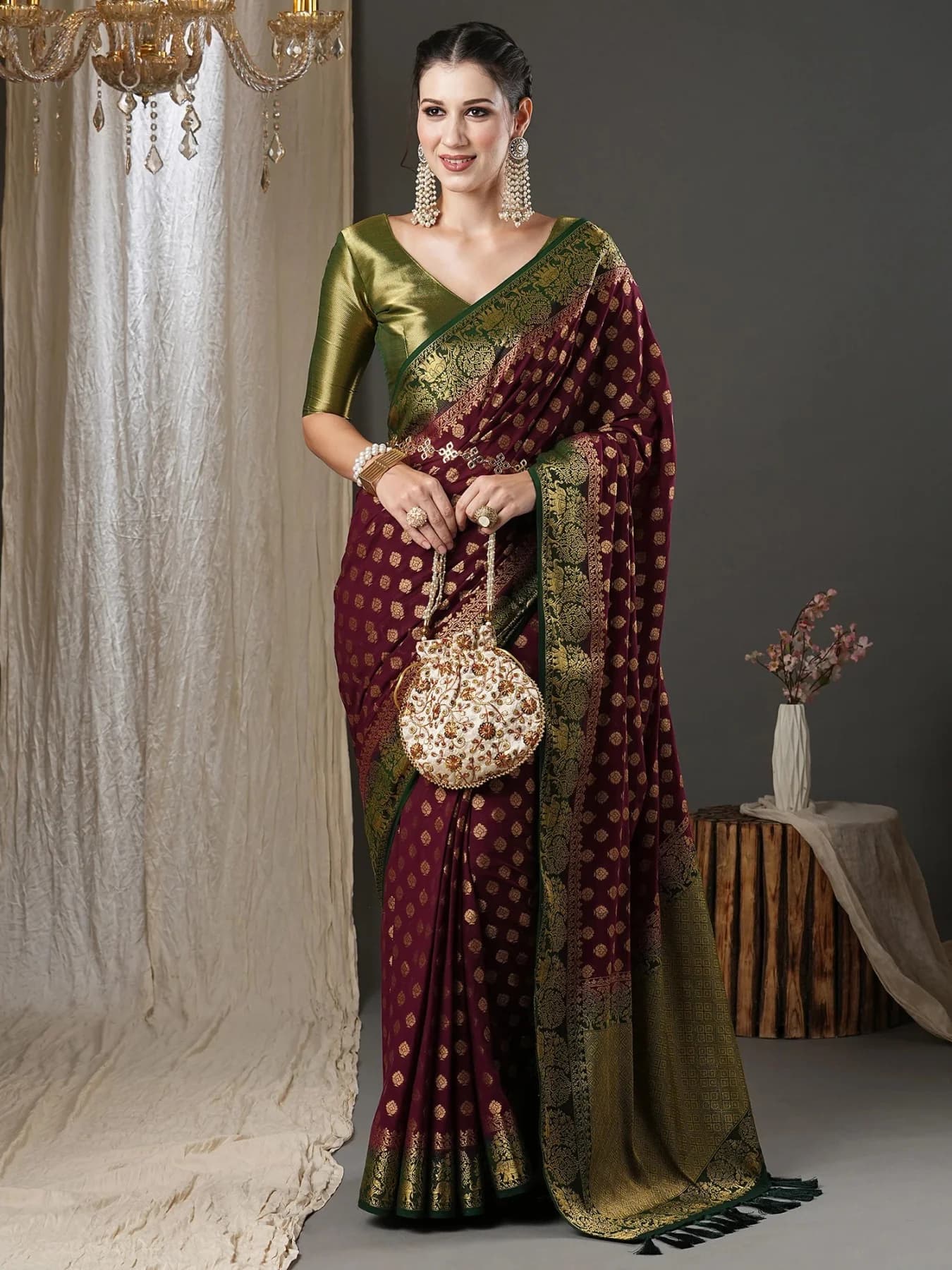 Women's Red Party Regular Fit Saree