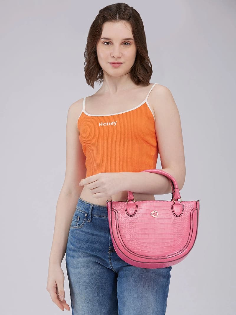 Women's Flamingo Pink Faux Leather Satchel Handbag 2L