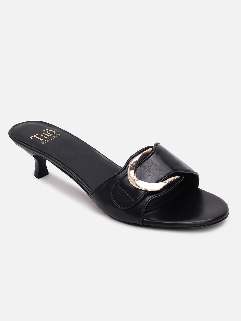 Women's Black Casual Leather Kitten Heels Sandals