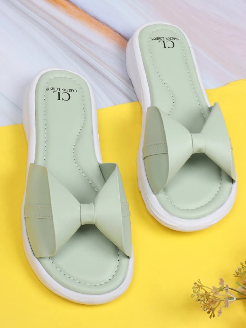 Women's Green Bow Detail Comfort Slide Sandals