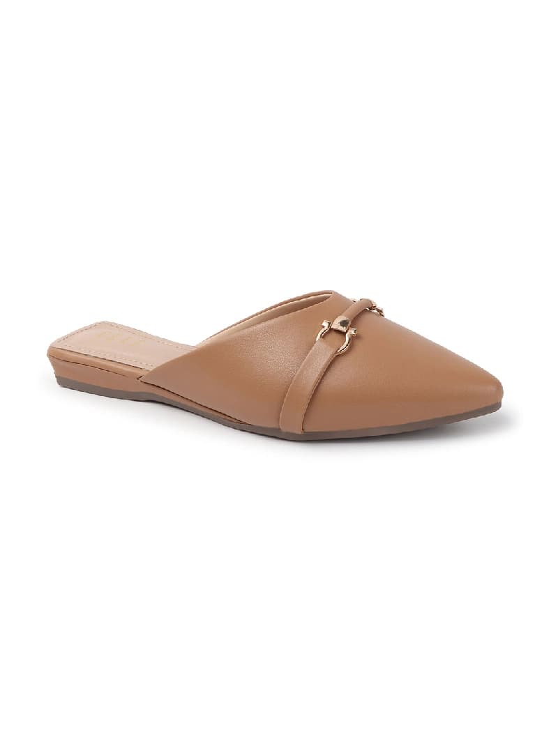Women's Tan Bit-Detail Pointed-Toe Mule Flats