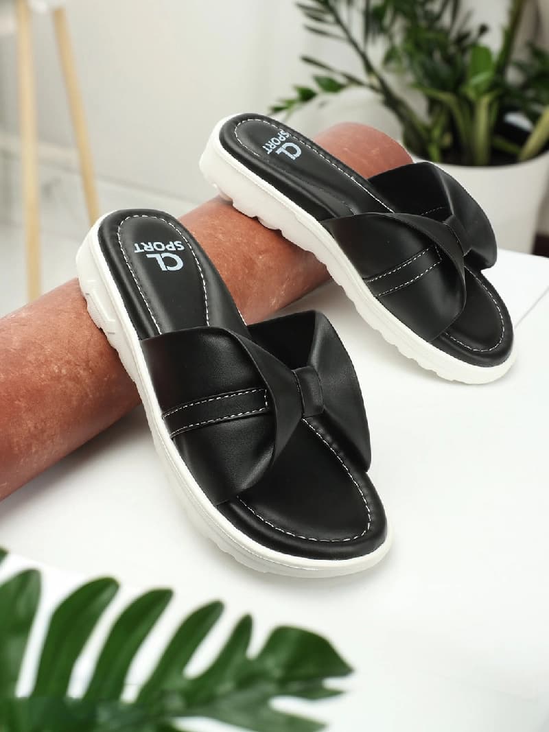 Women's Black Bow Detail Comfort Slide Sandals