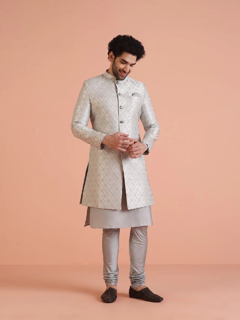 Men's Grey Festive Textured Regular Fit Sherwani Set