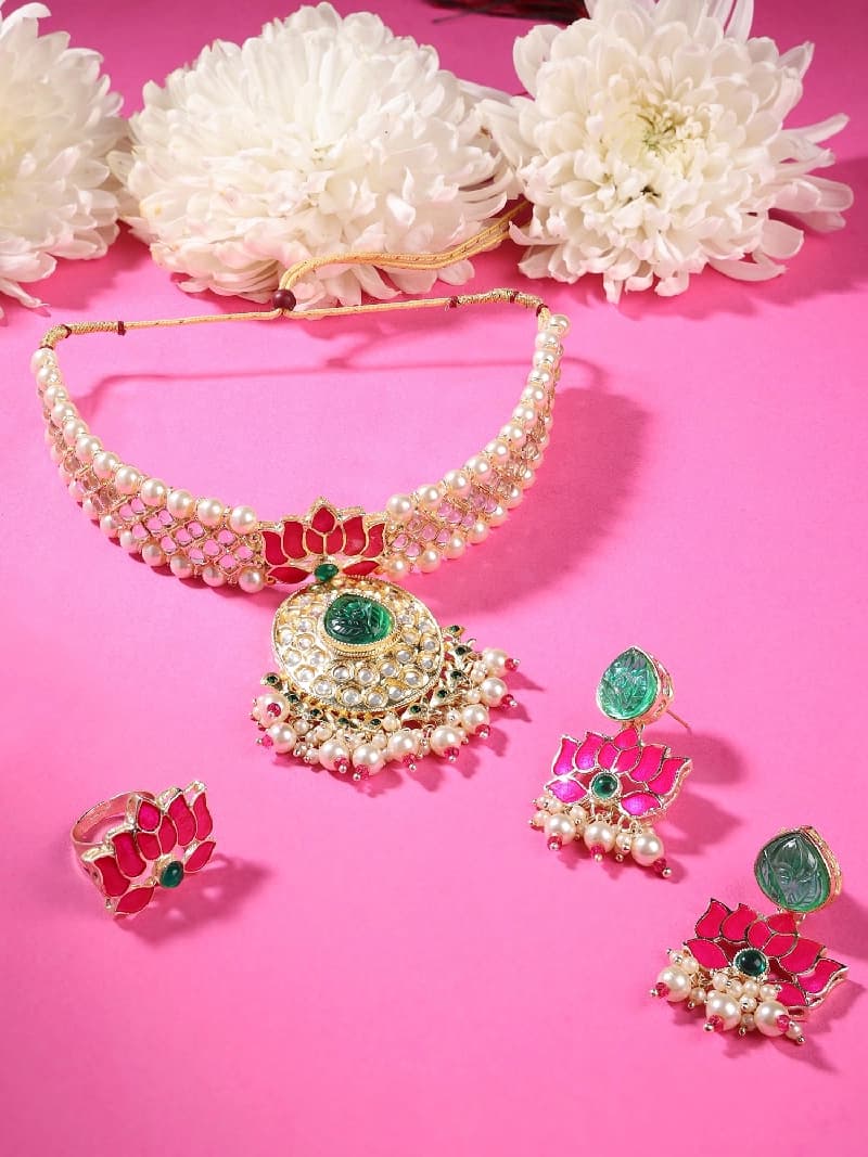 Women's Pink Green Meenakari Lotus Kundan Choker Necklace Earring & Ring Set-ZPFK15844