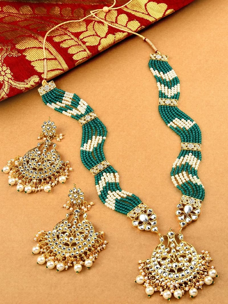 Women's Green Beads Long Bridal Kundan Necklace & Earring Set-ZPFK10479