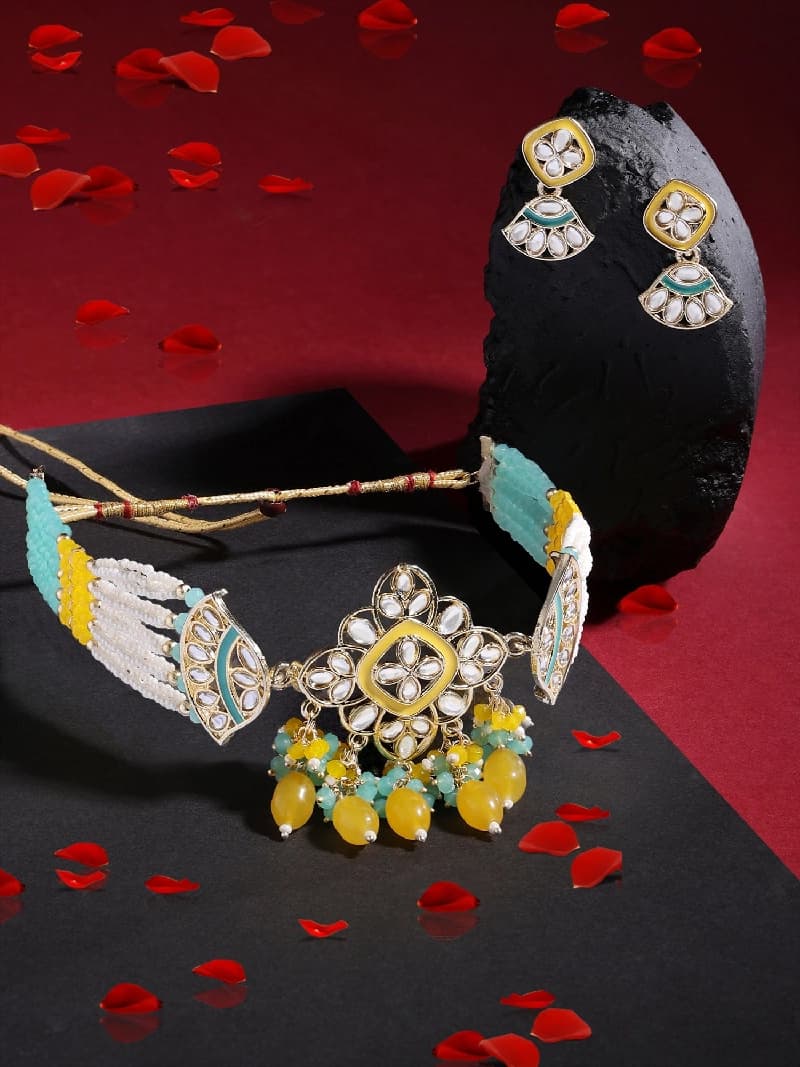 Women's Turquoise & Yellow Crystal Multistrand Kundan Choker Necklace & Earring Set-ZPFK15642
