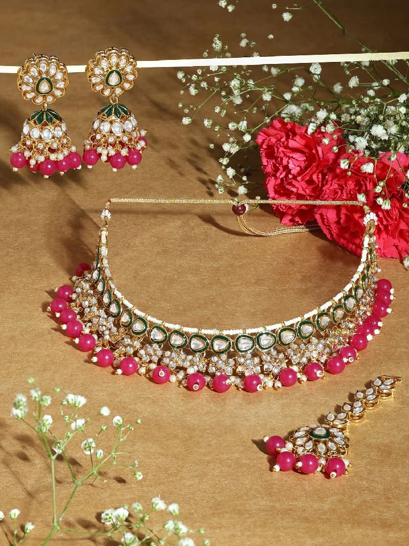 Women's Green Meenakari & Rani Pink Beads Drop Kundan Choker Necklace Earring & Maangtikka Set-ZPFK17188