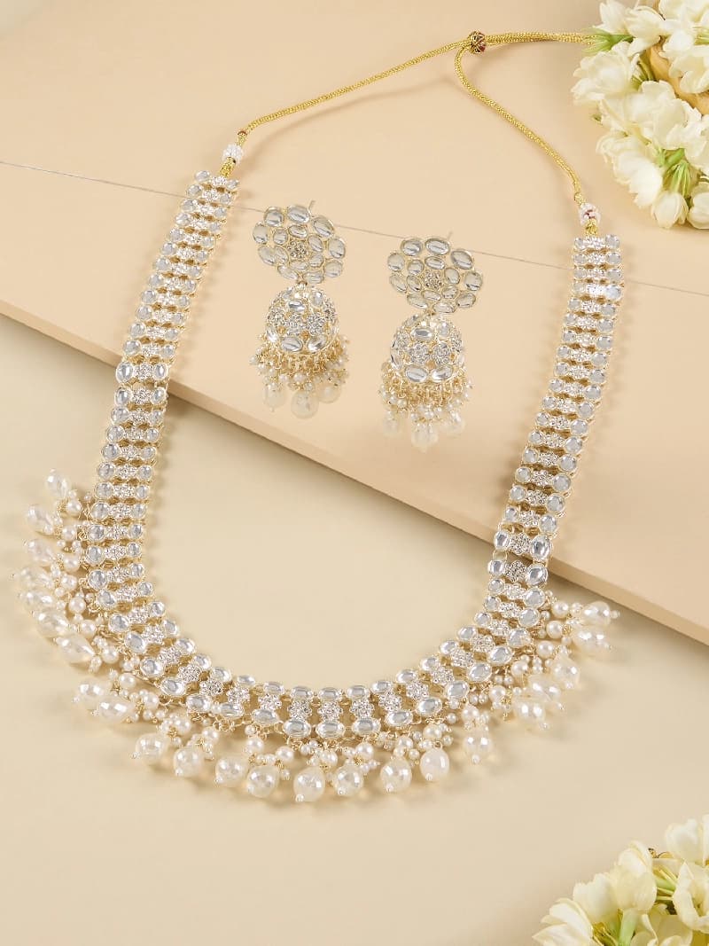 Women's Gold Tone Dazzling Kundan Cluster Beads Drop Long Bridal Necklace Earring Set-ZPFK18010