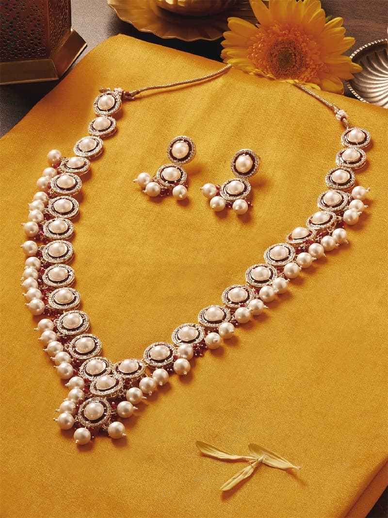 Women's Red Meenakari Beads Pearls Embellished Necklace & Earring Set-ZPFK18240
