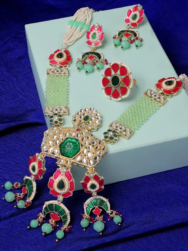 Women's Green & Pink Meenakari Floral Kundan & Beads Bridal Necklace Earring & Ring Set-ZPFK14691