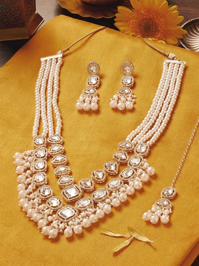 Women's Gold Tone Dazzling Stones Multistrand Beaded Bridal Layered Necklace Earring & Maangtikka Set-ZPFK18242