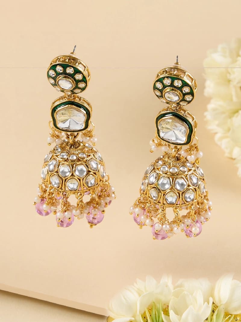 Women's Purple Beads Green Meenakari Dazzling Stones Casual Jhumka Earring-ZPFK18191