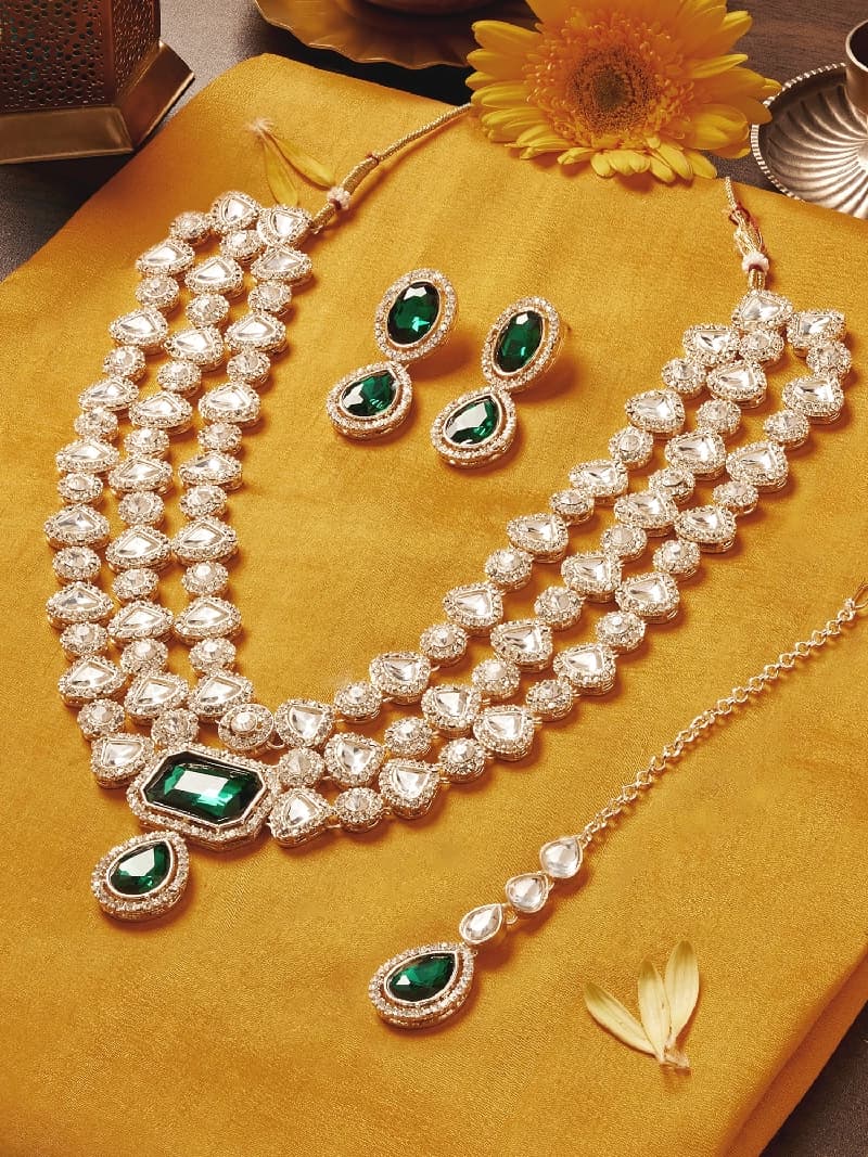 Women's Green Dazzling Stones Diamonds Bridal Layered Necklace Earring & Maangtikka Set-ZPFK18212