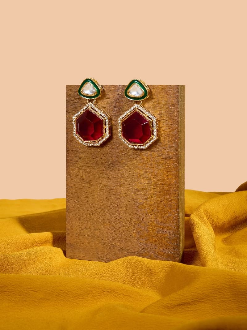 Women's Pink Stone Green Meenakari Austrian Diamonds Embellished Drop Earring-ZPFK18069