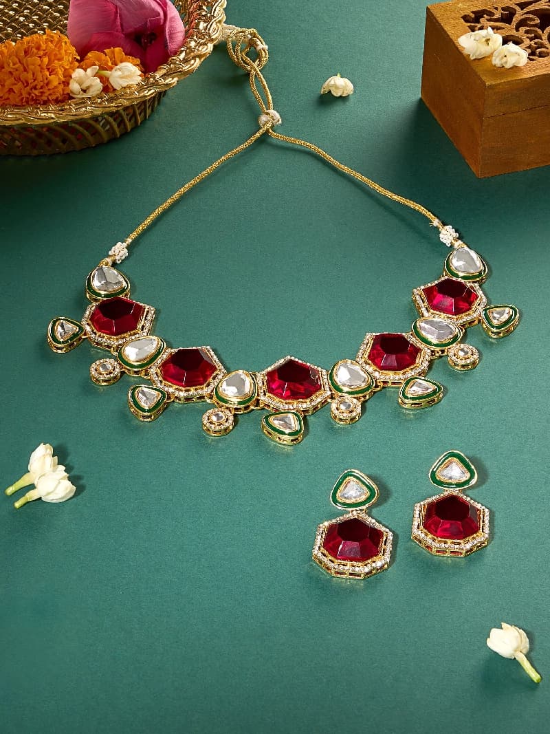 Women's Pink Stones Green Meenakari Austrian Diamonds Embellished Necklace & Earring Set-ZPFK18068