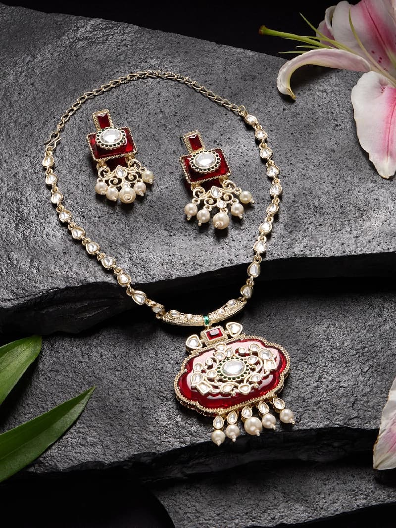 Women's Red Green Stones Dazzling Kundan Ethnic Necklace & Earring Set-ZPFK18924