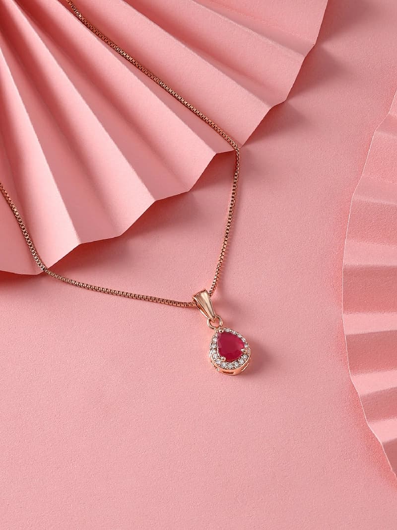 Women's Pink Rose Gold Contemporary Cubic Zirconia Pearl Embellished Pendant & Chain-ZPFK16622