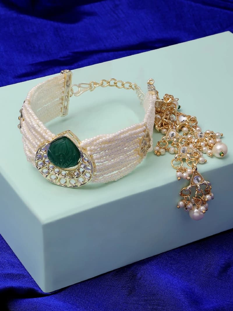 Women's Green Stone Multistrand Pearls Ethnic Kundan Bracelet-ZPFK14609