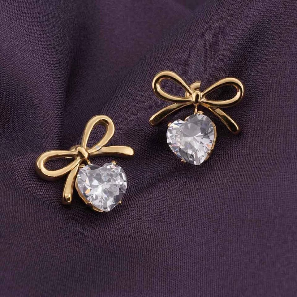 Women's Gold Plated Zircon & Bow Stud Earrings Waterproof & Anti-Tarnish