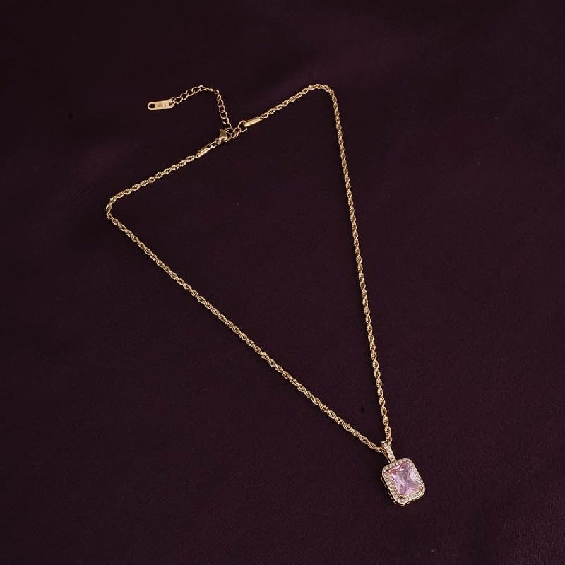 Women's Gold Plated Pink Emerald Geometric Pendant with Chain Waterproof & Anti-Tarnish