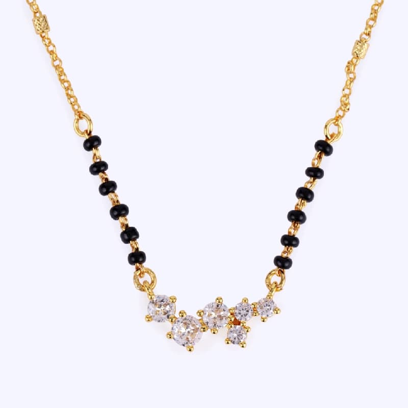 Women's Casual Attractive Round Shape CZ Studded Gold Plated Black Beaded Adjustable Chain Mangalsutra