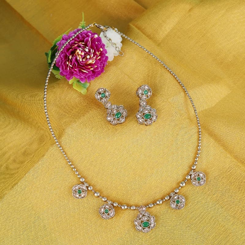 Women's Elegant Golden Boll Flower Design Gold Plated Matinee Necklace Set(Mala)