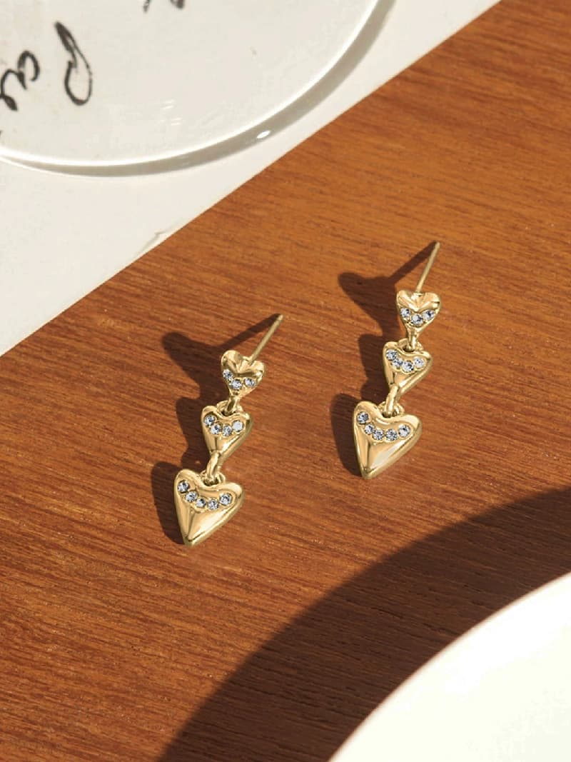 Women's Gold Triple Heart Drop Earrings