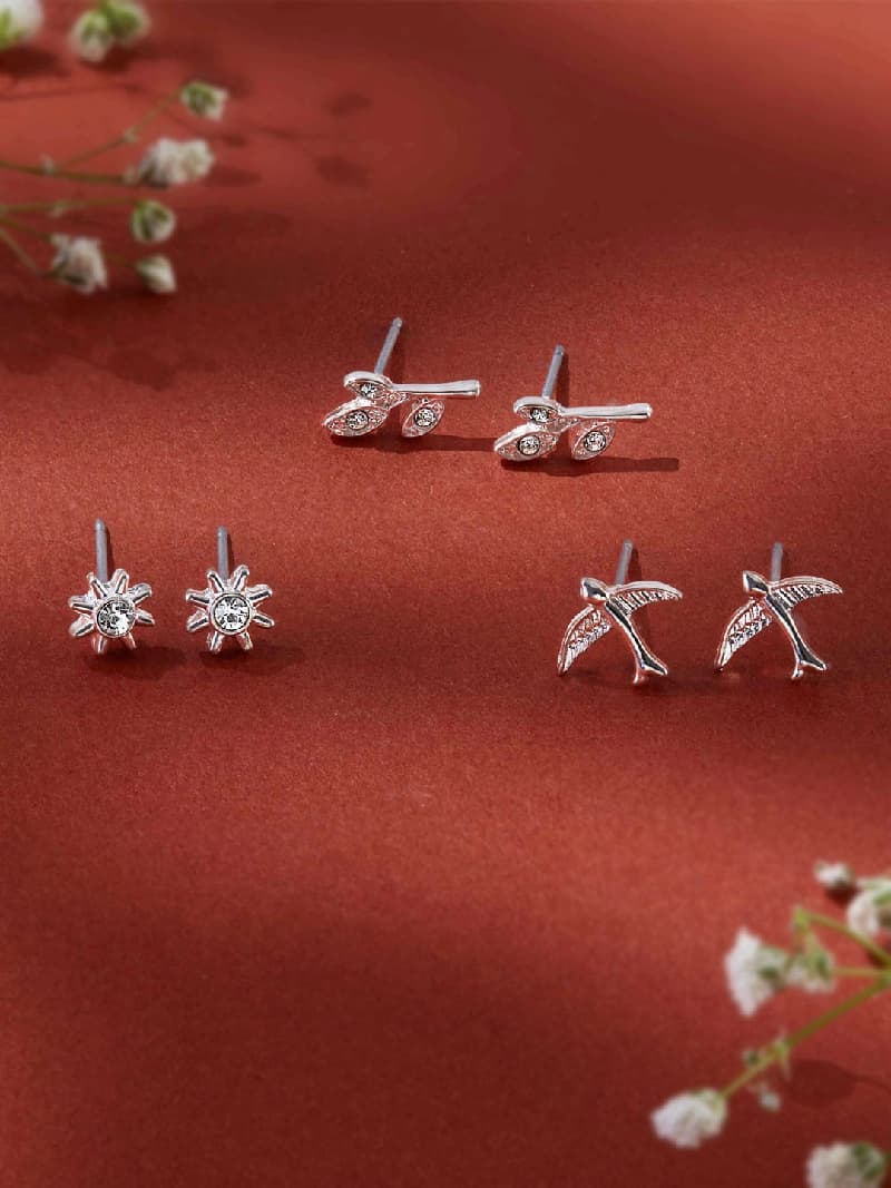 Women's Silver Swallow Stud Earrings - Set of 3