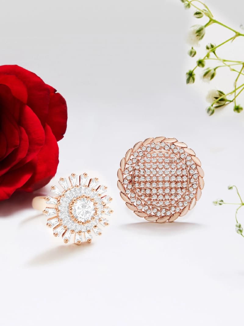 Women's Rose Gold Cubic Zirconia Contemporary Finger Rings - Set of 2