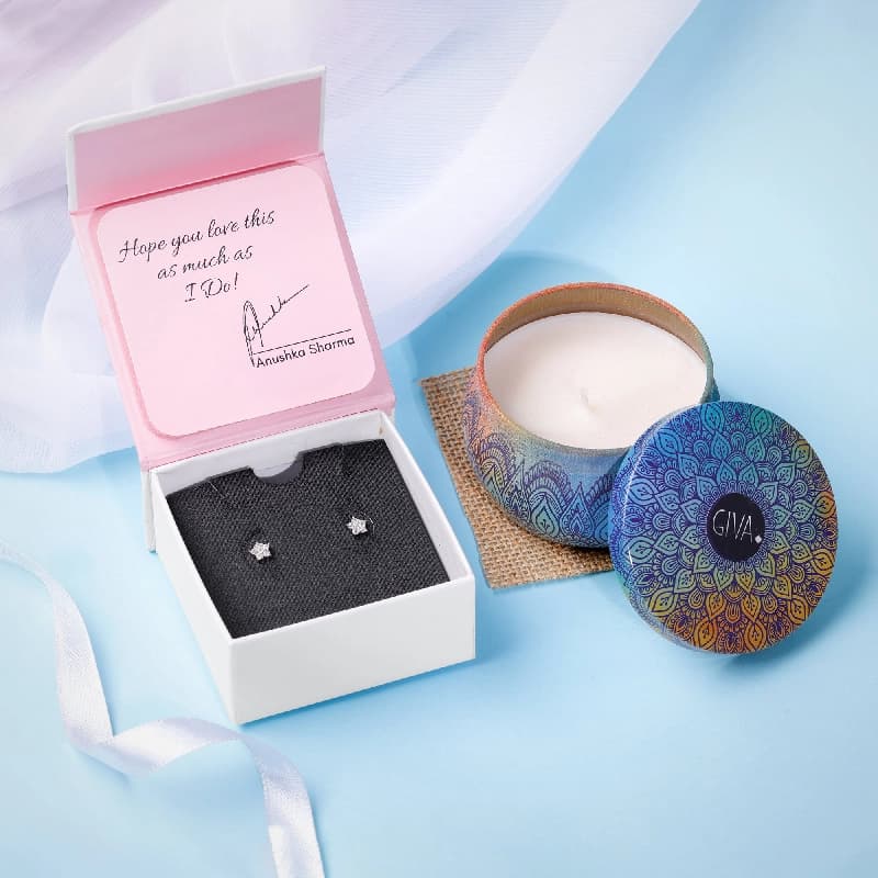 Women's Silver Zircon Constellation Earrings and Sandalwood Aromatic Candle Gifting Combo
