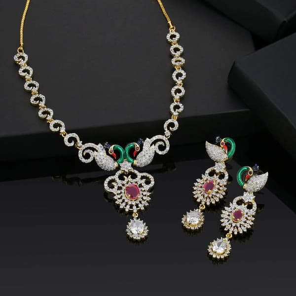 Women's Gold Plated CZ Peacock Designer Necklace Set with Enamel