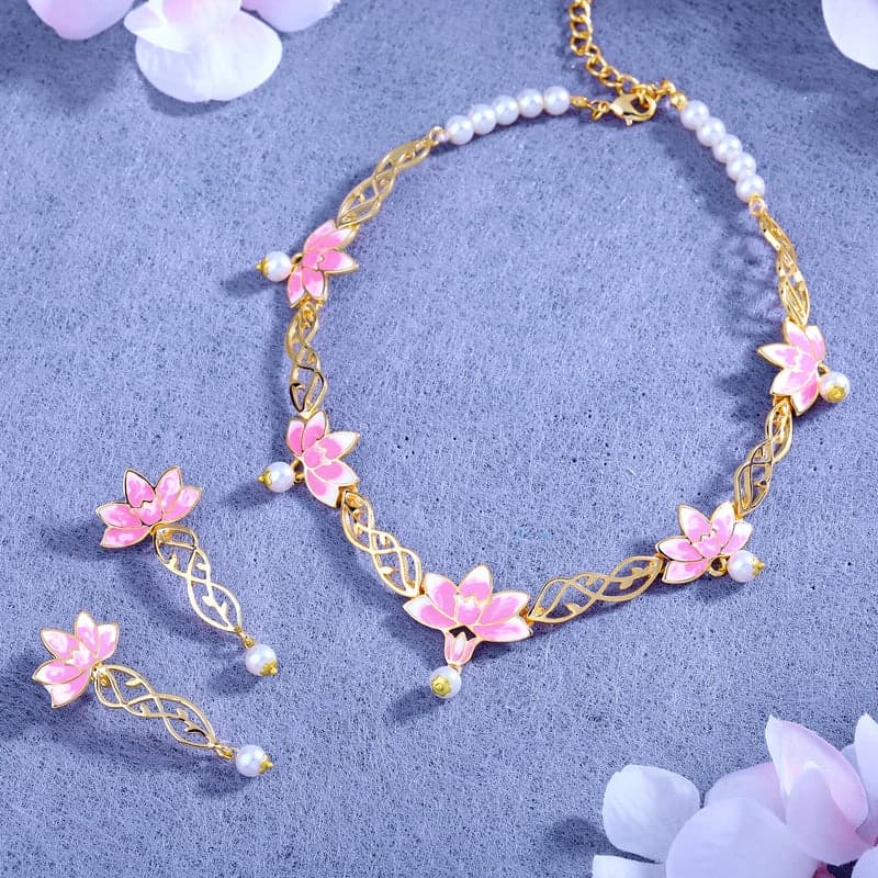 Gold Plated Gorgeous Lotus Designer Pearl Drop Necklace Set with Pink Enamel for Girls and Women