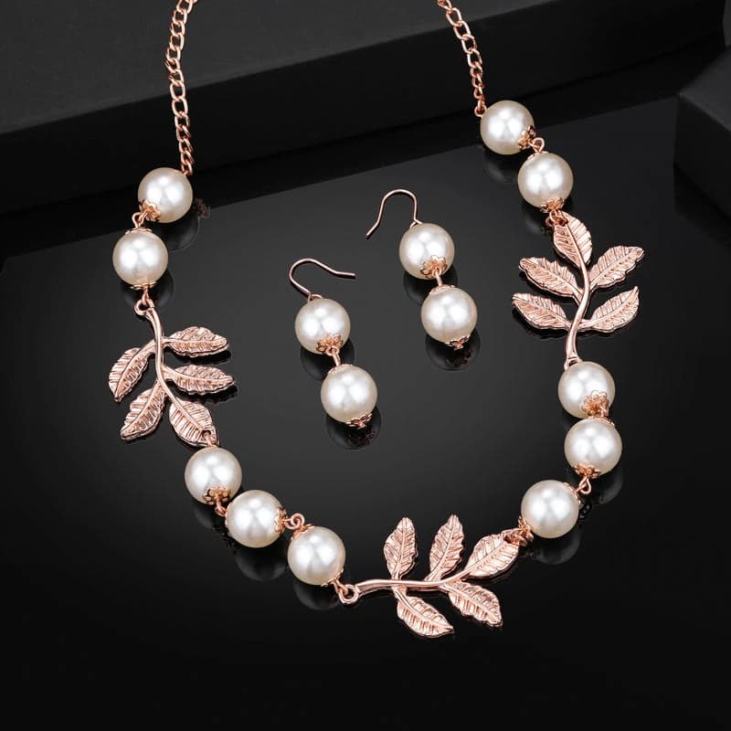 Women's Rose Gold Plated Leaf Designer Necklace Set with White Pearls