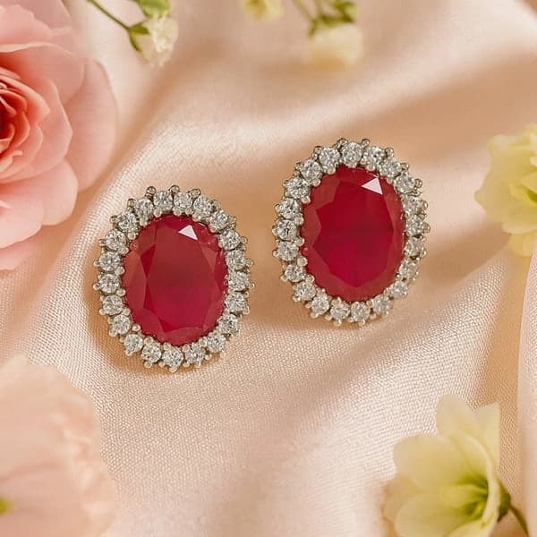 Women's Rhodium Plated American Diamond CZ Ruby Halo Stud Earrings