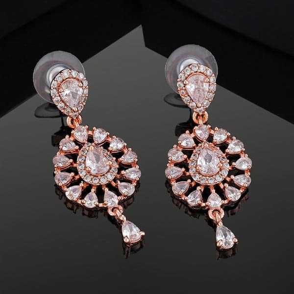 Women's Rose Gold Plated CZ Flower Designer Dangle Earrings