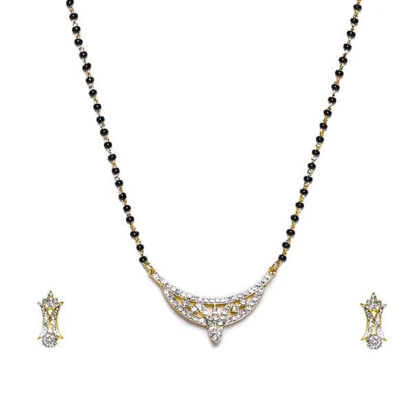 Women's Gold Plated Single Line Mangalsutra Necklace Set with White Crystals