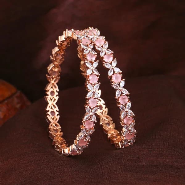 Women's Rosegold Plated Mint Pink American Diamond Floral Bangles 2.8 Size|Perfect Fit