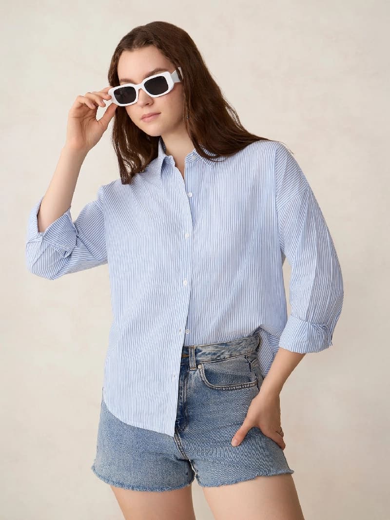 Women's Blue Casual Striped Oversized Fit Shirt