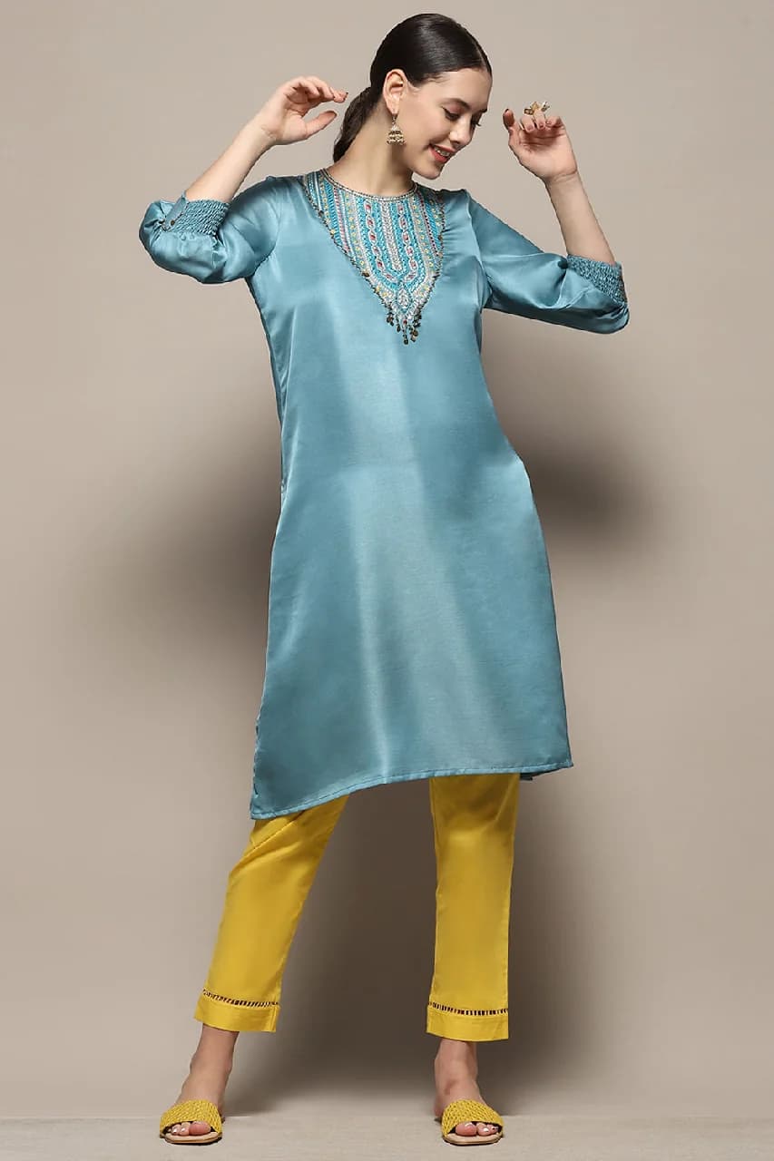 Women's Blue Festive Solid Regular Fit Kurta