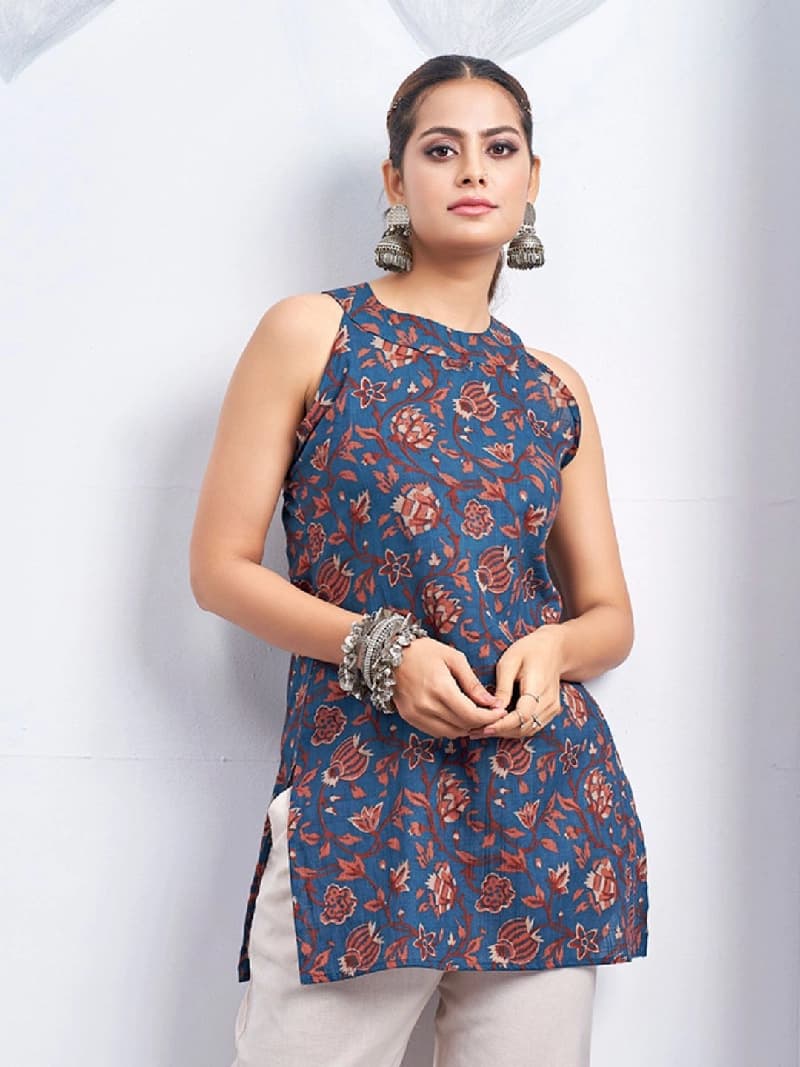 Women's Blue Casual Printed Regular Fit Kurti