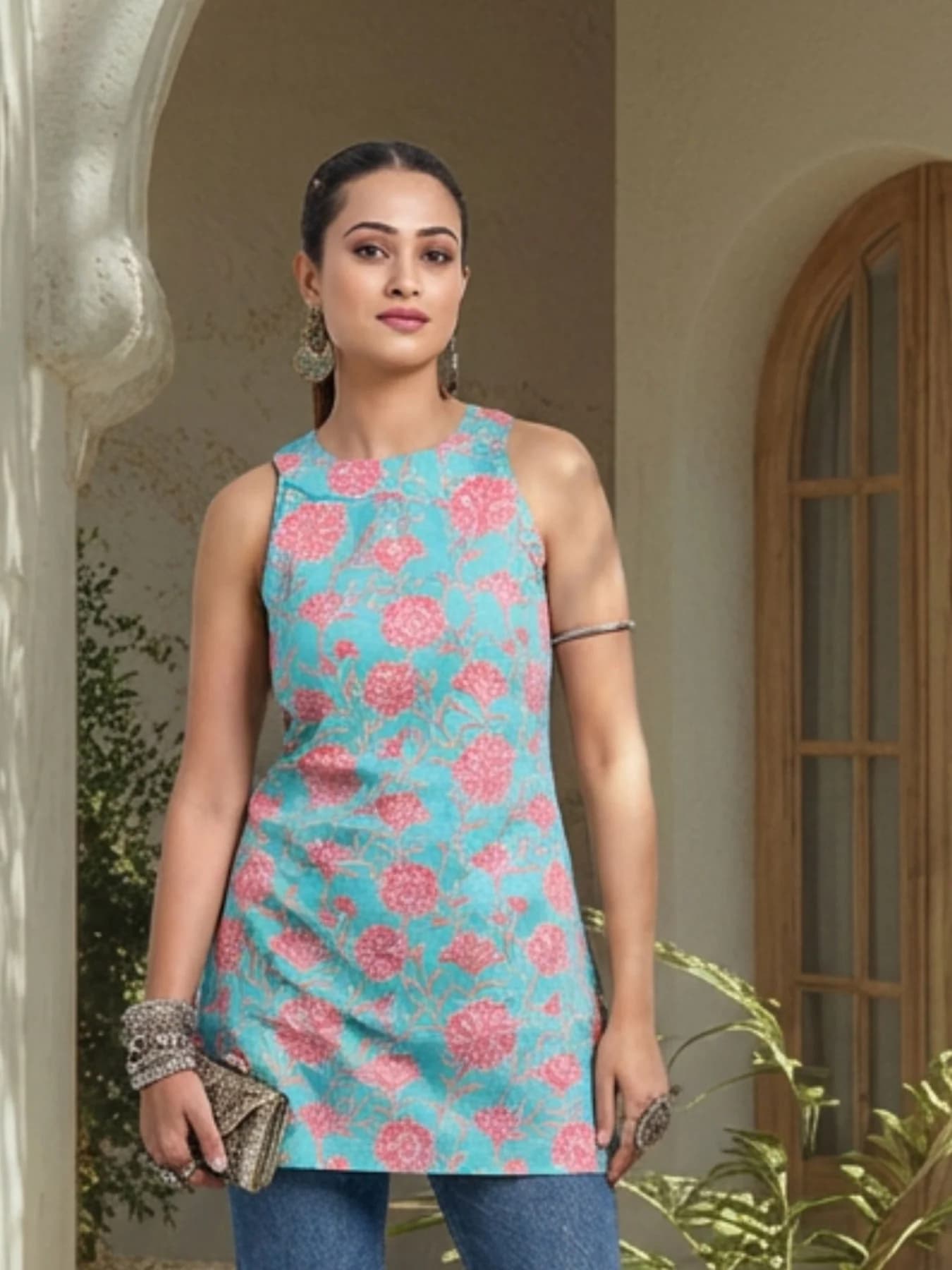 Women's Blue Casual Printed Regular Fit Kurti