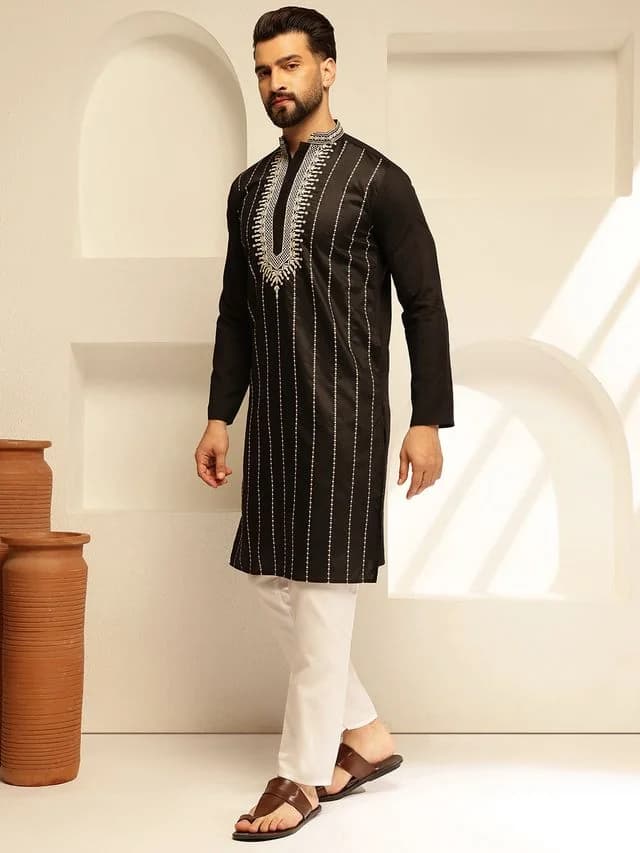 Men's Black Festive Regular Fit Cotton Kurta